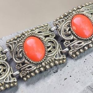 Heavy Vintage 1970s Panel Bracelet With Orange Coral Cabs